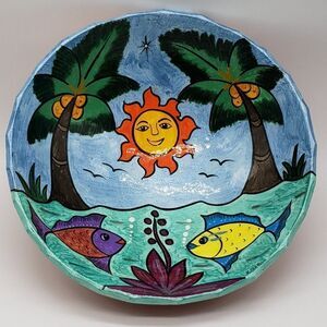 Mexican Hand Painted Folk Art Storyteller Sun, Trees & Fish 3 Footed Bowl - 2012